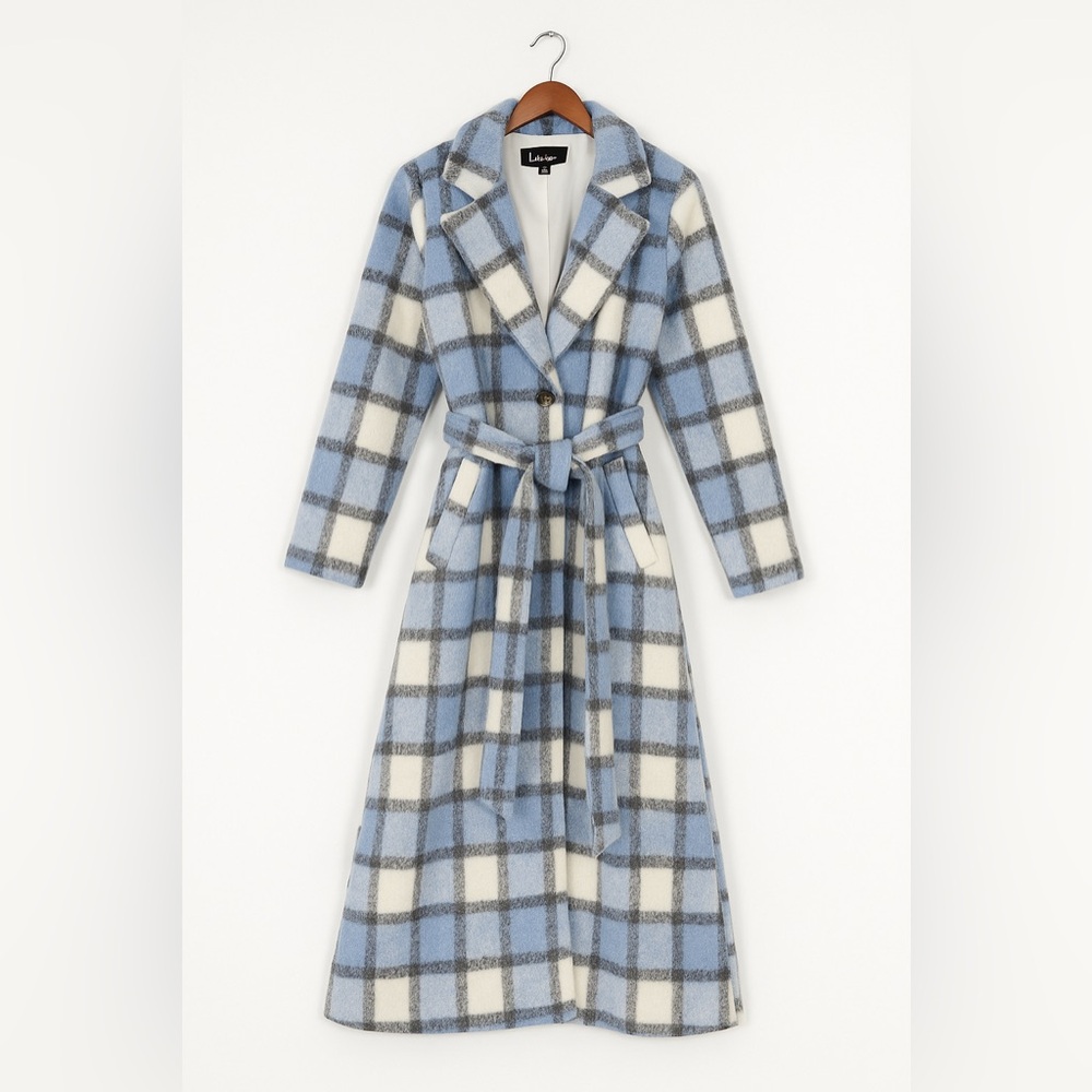 Lulu's Blue and White Plaid Trench Coat